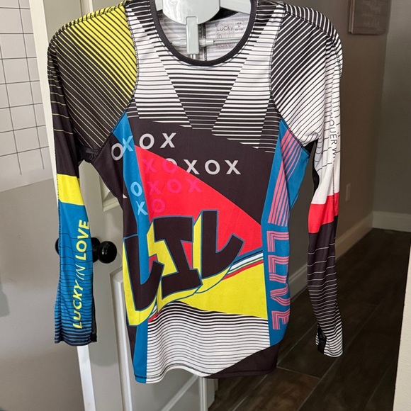 Lucky in Love Multicolor Graphic Long Sleeve Tee-RARE - Picture 1 of 9